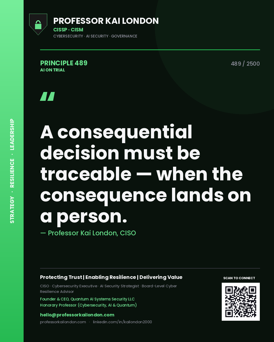 Professor Kai London principle 489: A consequential decision must be traceable — when the consequence lands on a person.