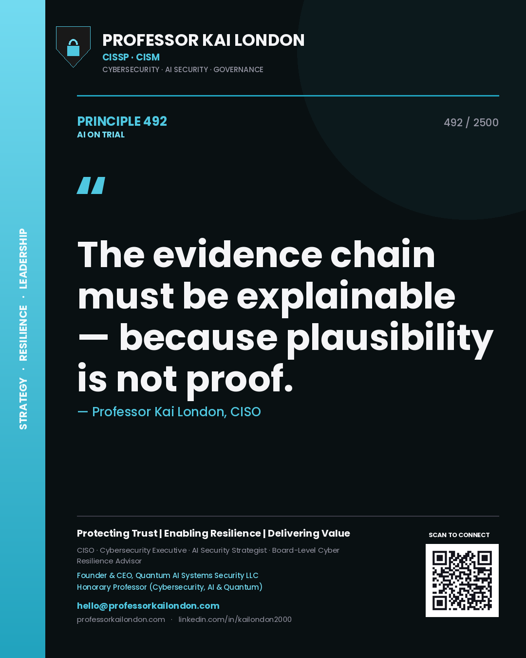 Professor Kai London principle 492: The evidence chain must be explainable — because plausibility is not proof.