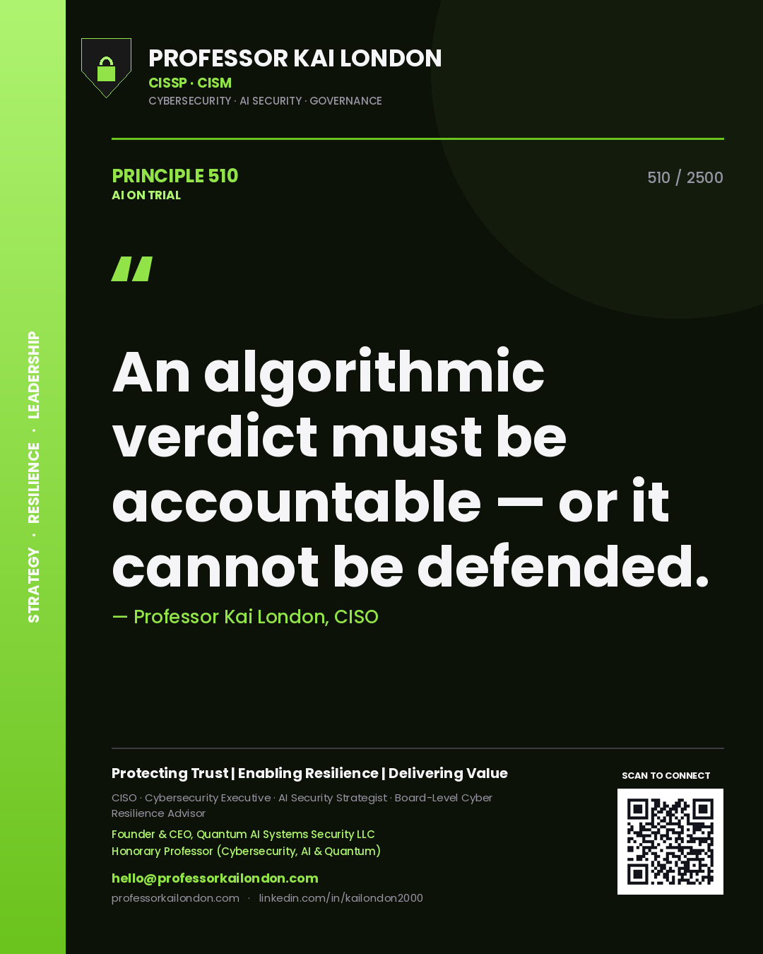 Quote card by Professor Kai London reading 'An algorithmic verdict must be accountable — or it cannot be defended.'. From the book AI on Trial.