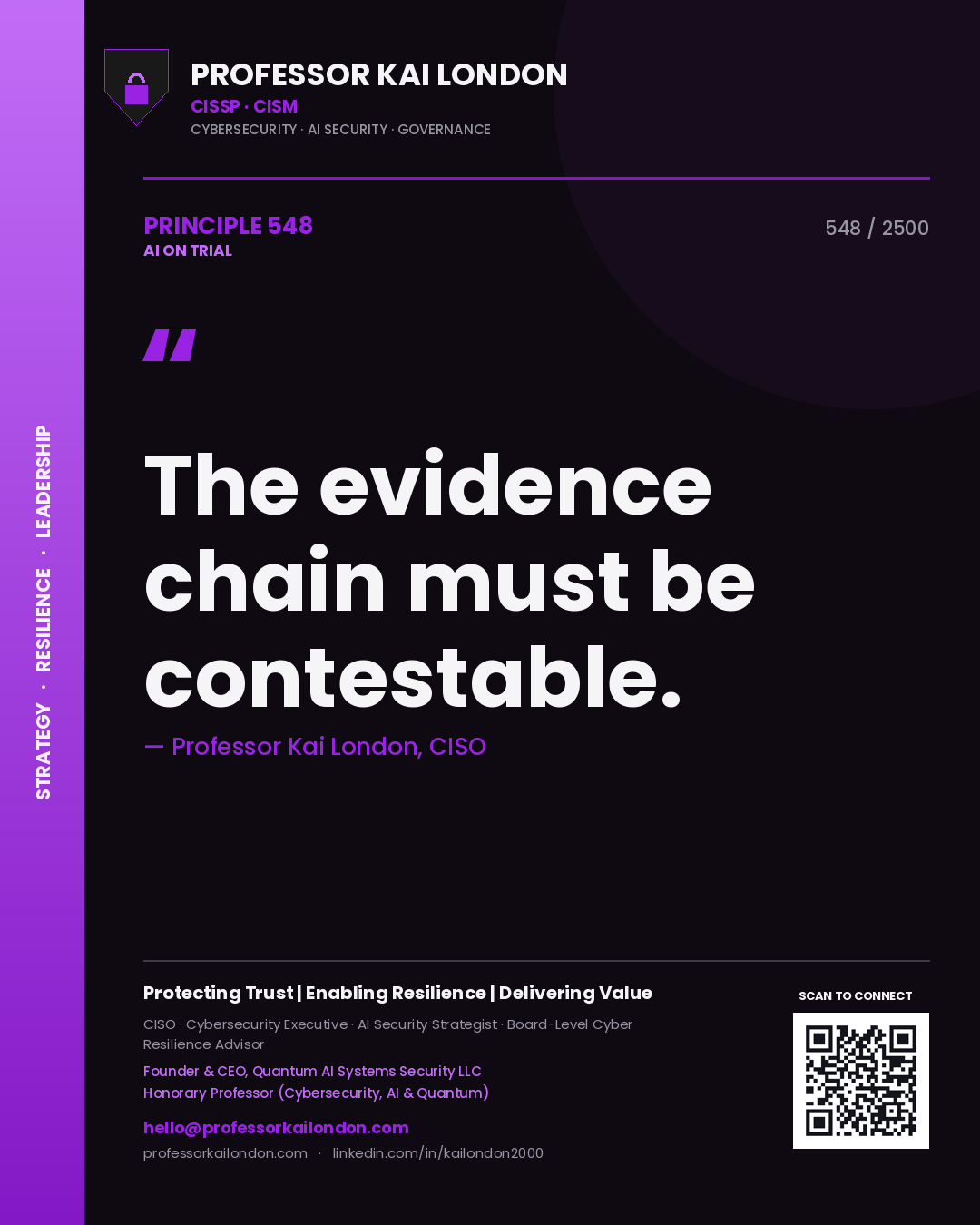 Quote card by Professor Kai London reading 'The evidence chain must be contestable.'. From the book AI on Trial.