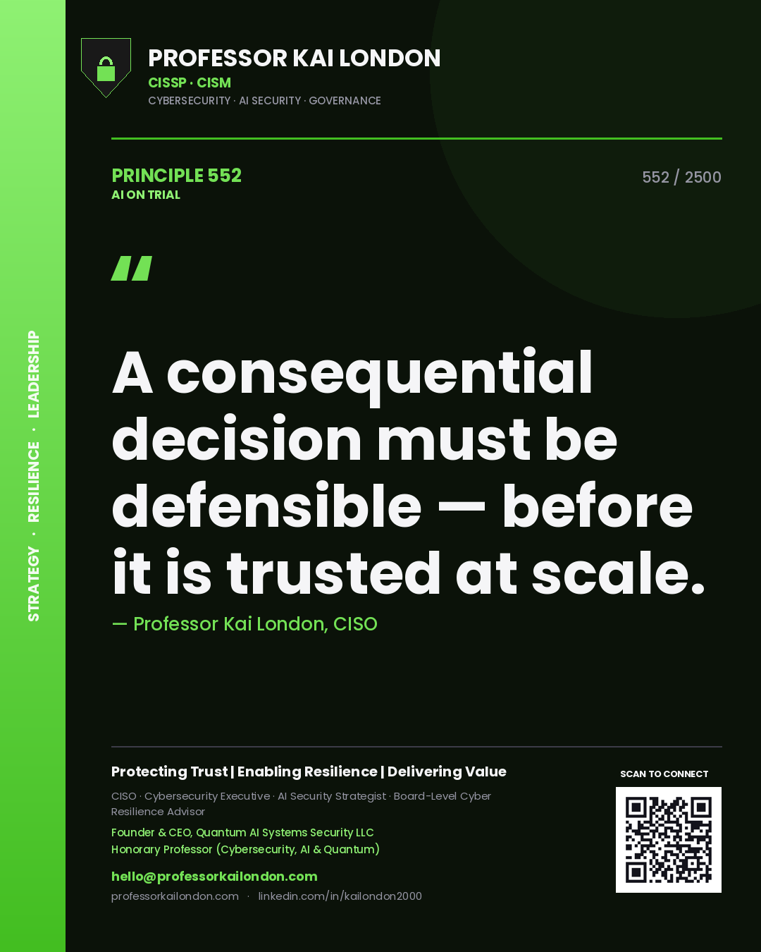 Professor Kai London principle 552: A consequential decision must be defensible — before it is trusted at scale.
