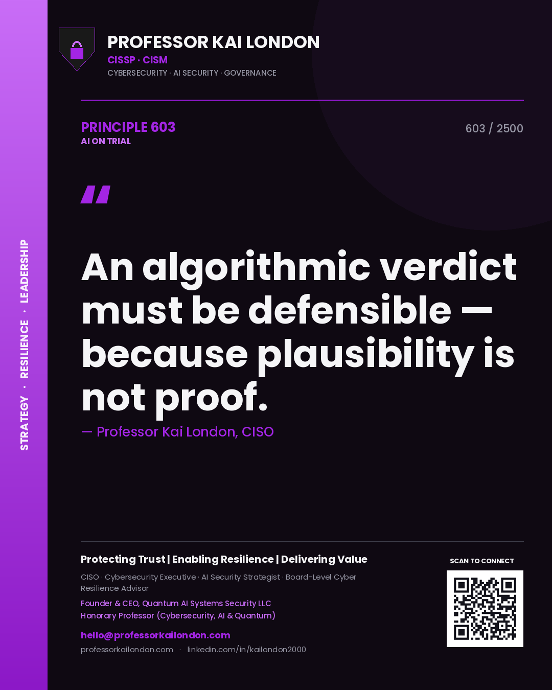 Professor Kai London principle 603: An algorithmic verdict must be defensible — because plausibility is not proof.