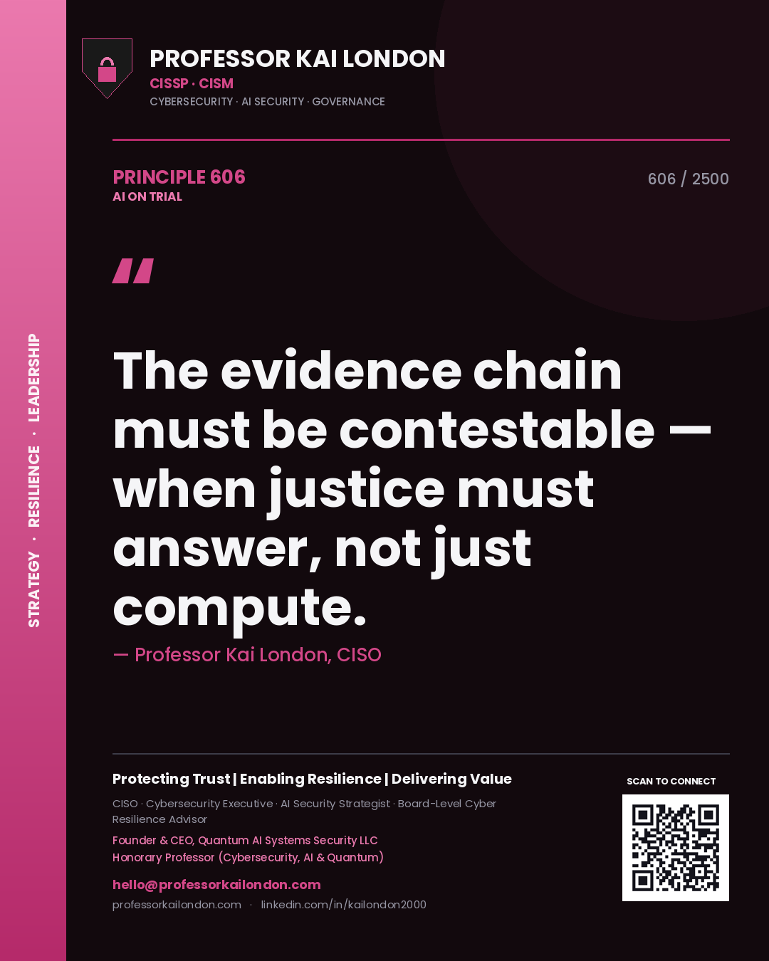 Professor Kai London principle 606: The evidence chain must be contestable — when justice must answer, not just compute.