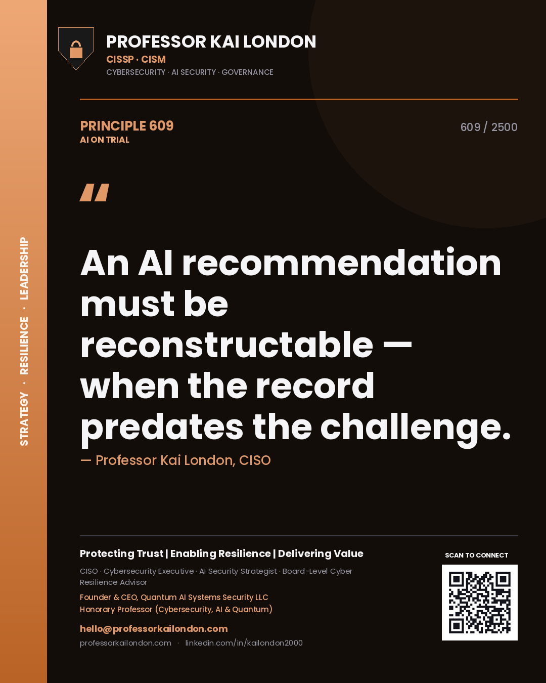 Professor Kai London principle 609: An AI recommendation must be reconstructable — when the record predates the challenge.