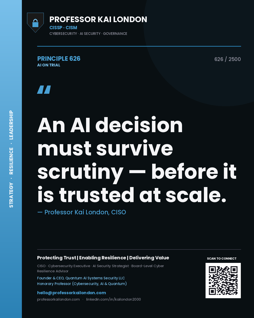 Quote card by Professor Kai London reading 'An AI decision must survive scrutiny — before it is trusted at scale.'. From the book AI on Trial.