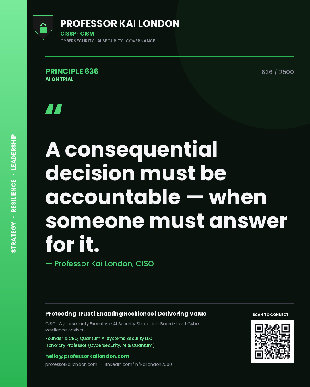 Quote card by Professor Kai London reading 'A consequential decision must be accountable — when someone must answer for it.'. From the book AI on Trial.