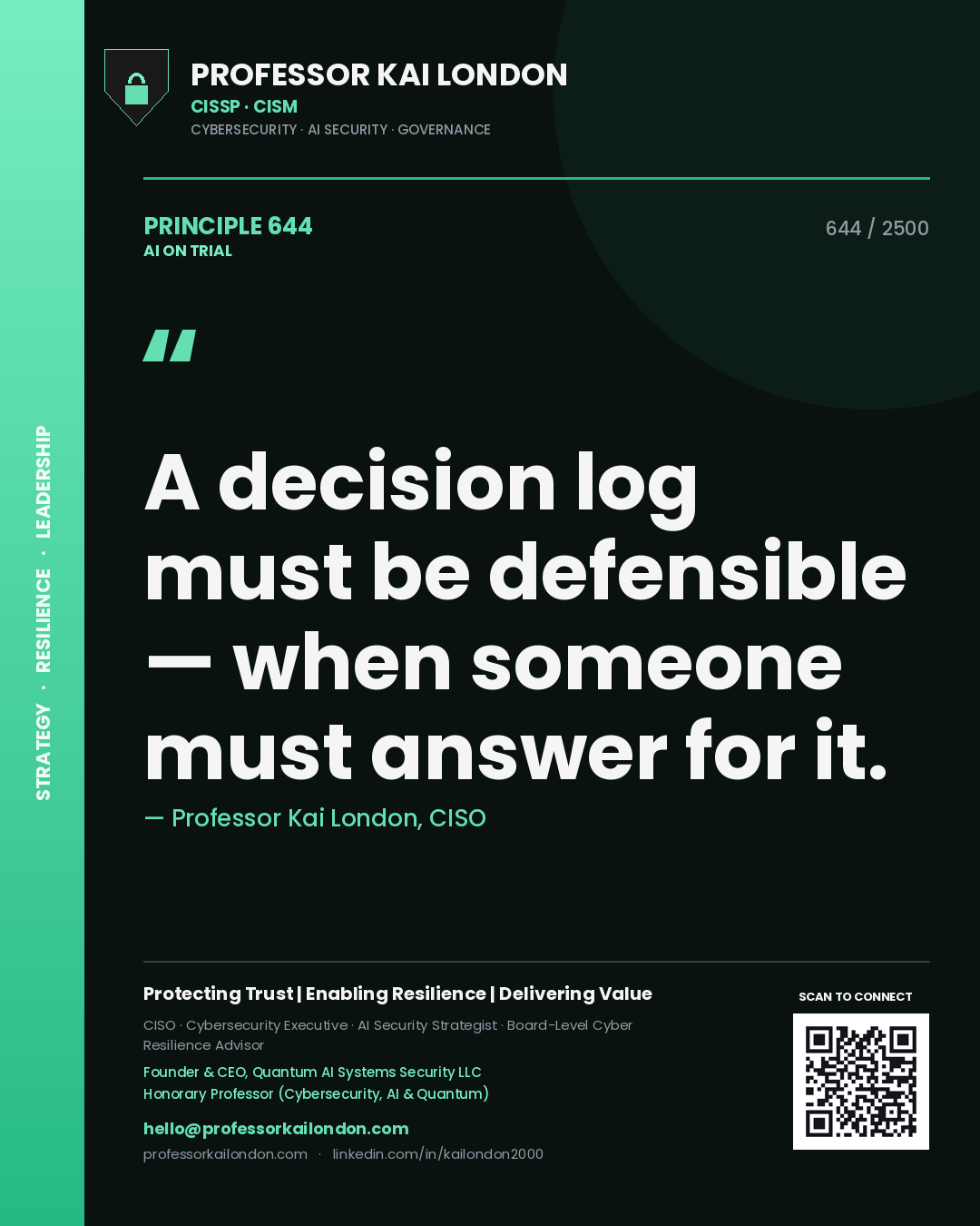 Professor Kai London principle 644: A decision log must be defensible — when someone must answer for it.