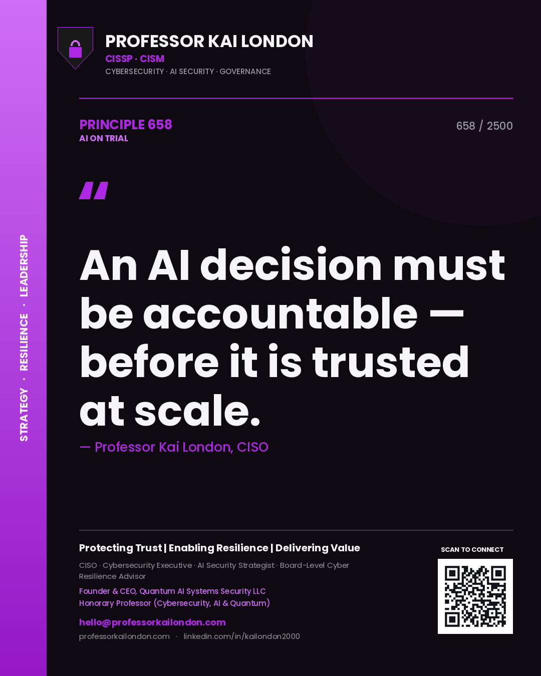 Quote card by Professor Kai London reading 'An AI decision must be accountable — before it is trusted at scale.'. From the book AI on Trial.