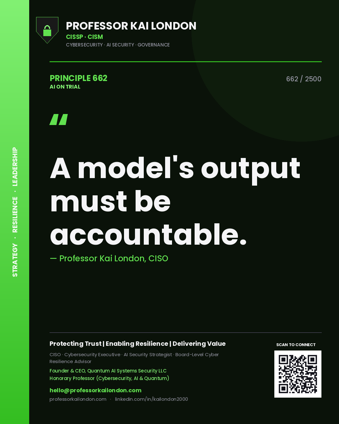 Quote card by Professor Kai London reading 'A model's output must be accountable.'. From the book AI on Trial.