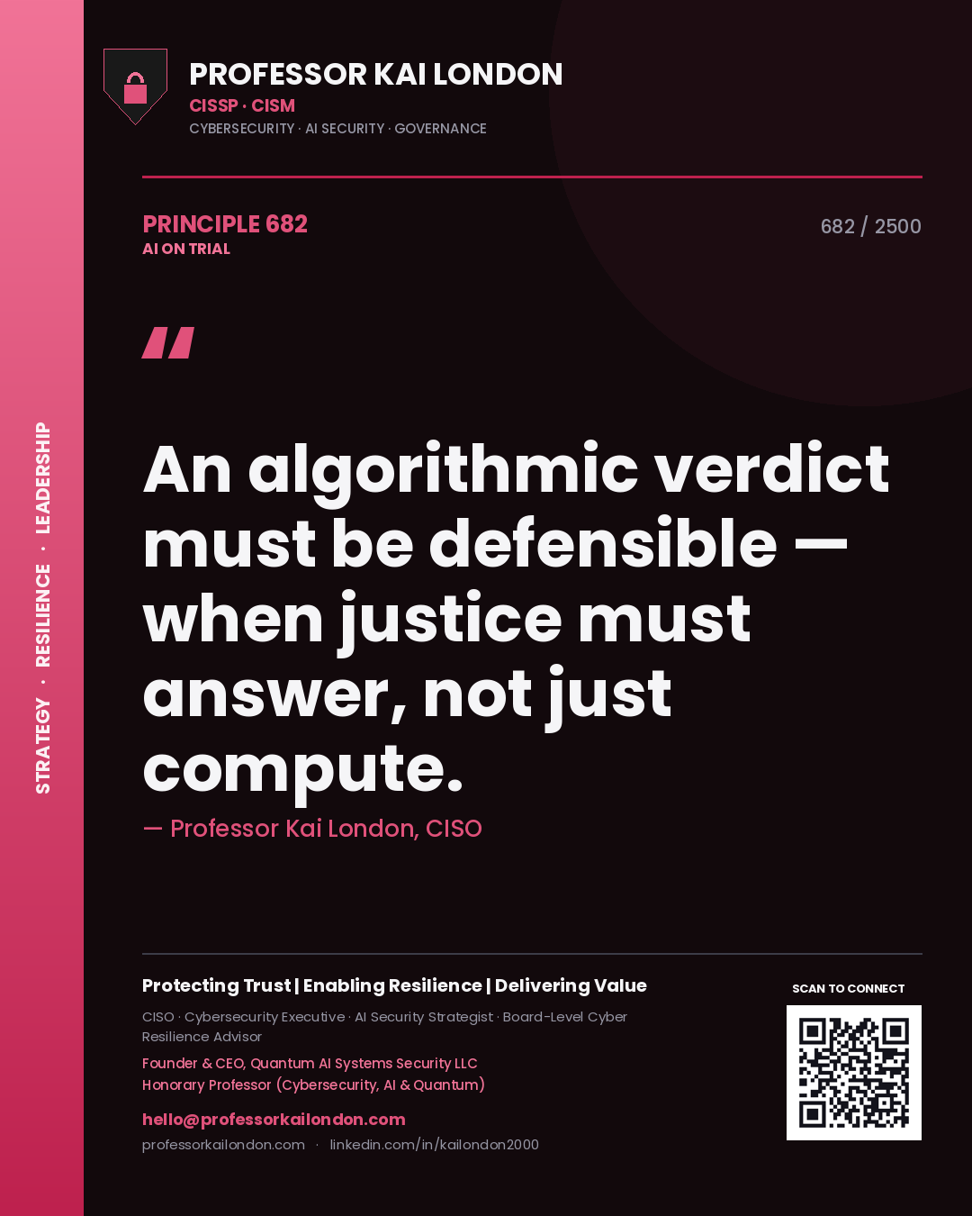 Quote card by Professor Kai London reading 'An algorithmic verdict must be defensible — when justice must answer, not just compute.'. From the book AI on Trial.