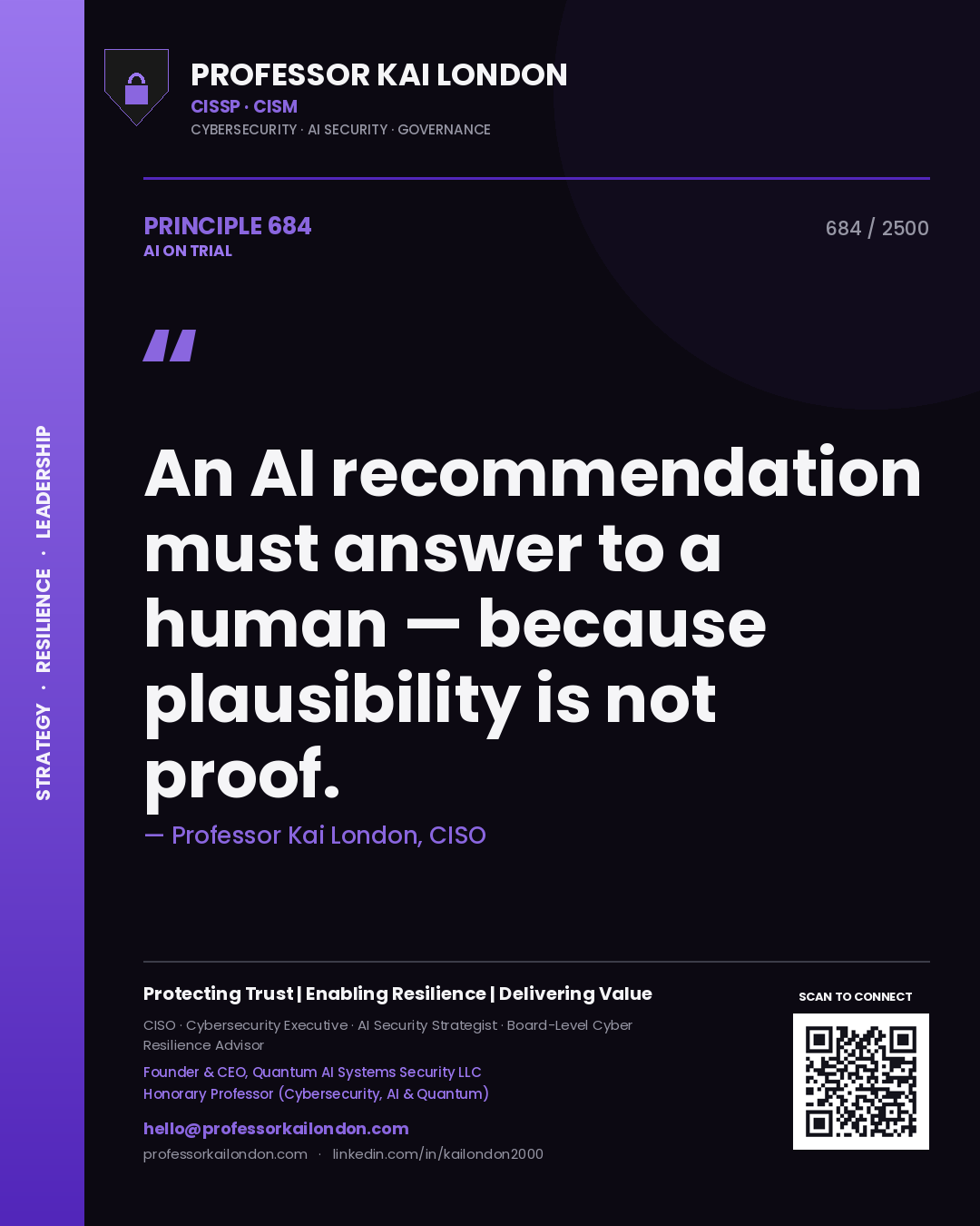 Professor Kai London principle 684: An AI recommendation must answer to a human — because plausibility is not proof.