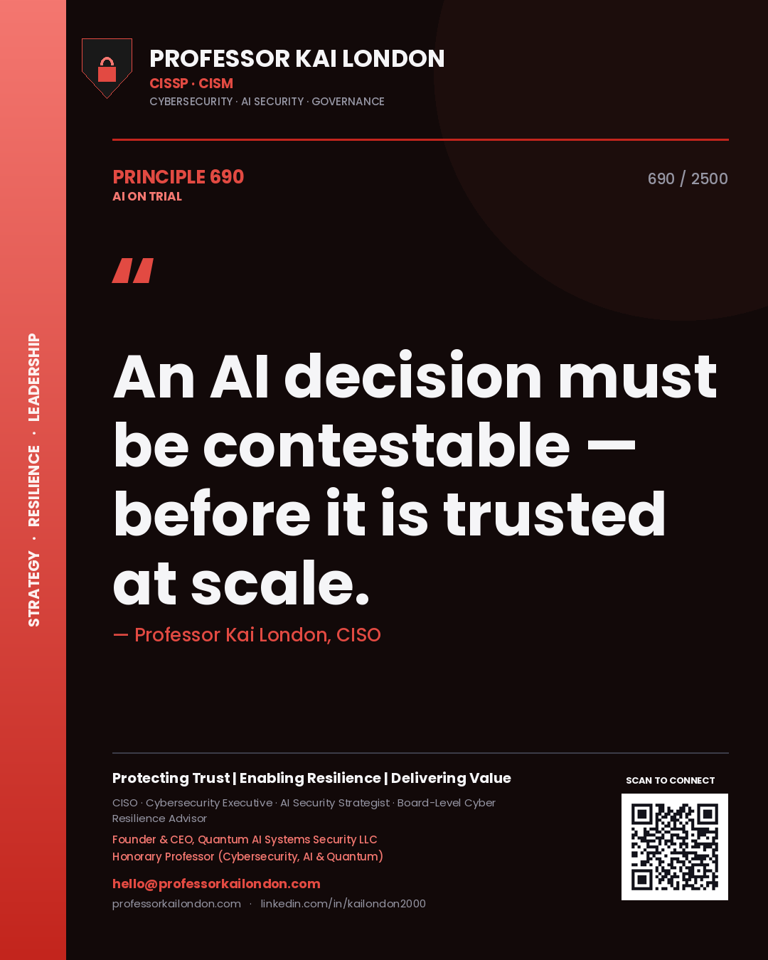 Quote card by Professor Kai London reading 'An AI decision must be contestable — before it is trusted at scale.'. From the book AI on Trial.
