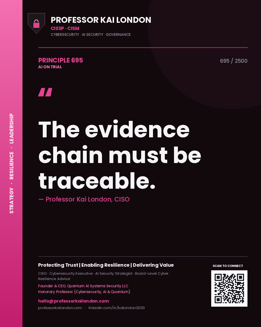 Quote card by Professor Kai London reading 'The evidence chain must be traceable.'. From the book AI on Trial.