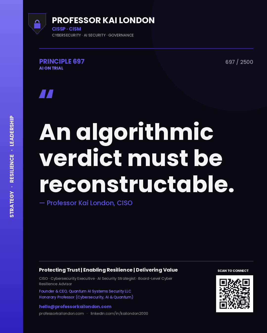 Quote card by Professor Kai London reading 'An algorithmic verdict must be reconstructable.'. From the book AI on Trial.