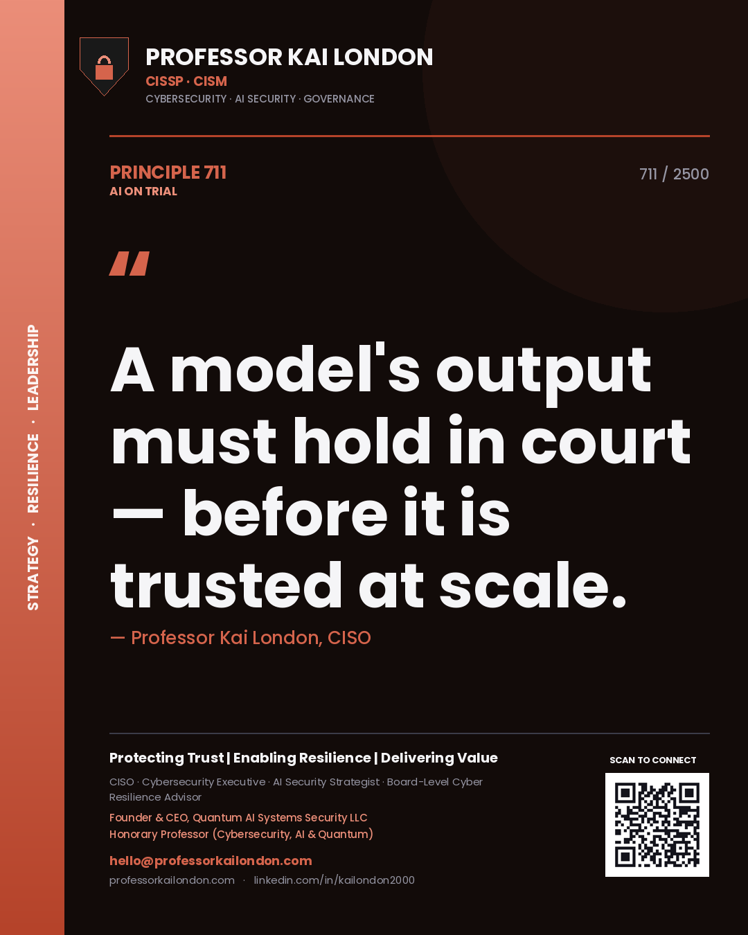 Professor Kai London principle 711: A model's output must hold in court — before it is trusted at scale.