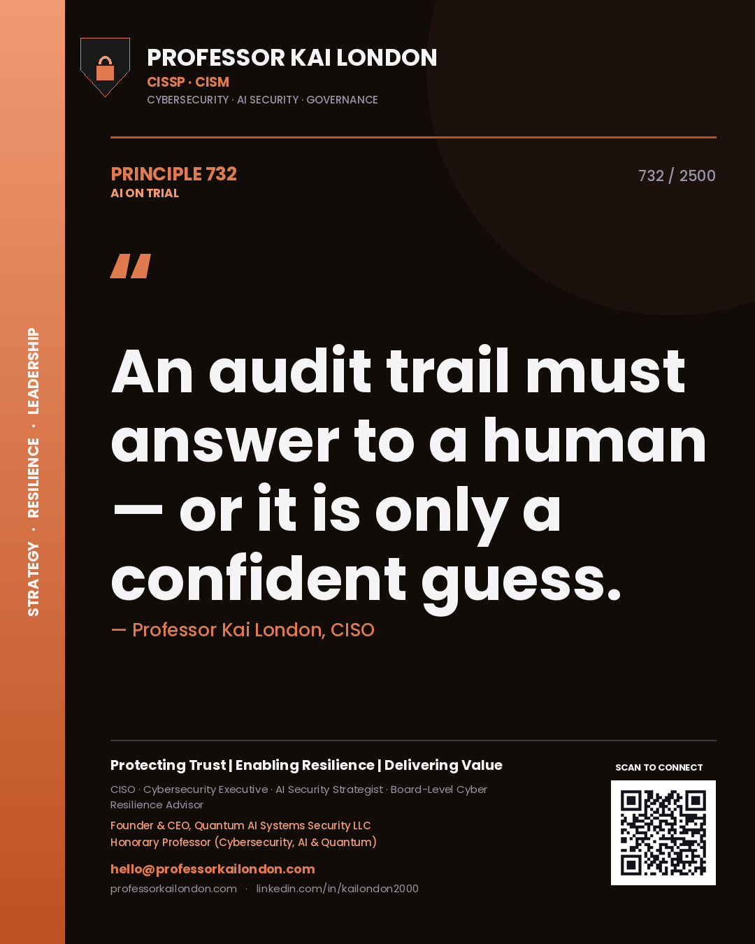 Quote card by Professor Kai London reading 'An audit trail must answer to a human — or it is only a confident guess.'. From the book AI on Trial.