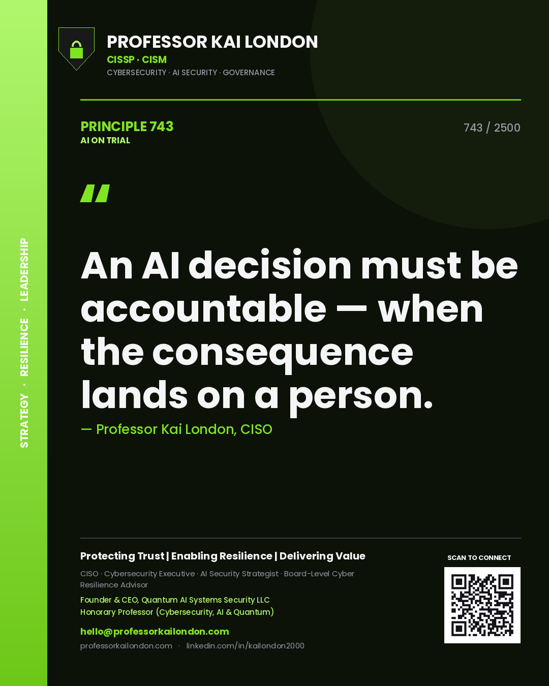 Professor Kai London principle 743: An AI decision must be accountable — when the consequence lands on a person.