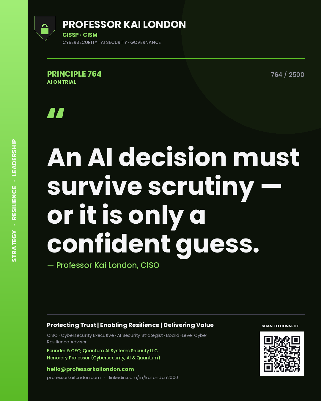 Professor Kai London principle 764: An AI decision must survive scrutiny — or it is only a confident guess.