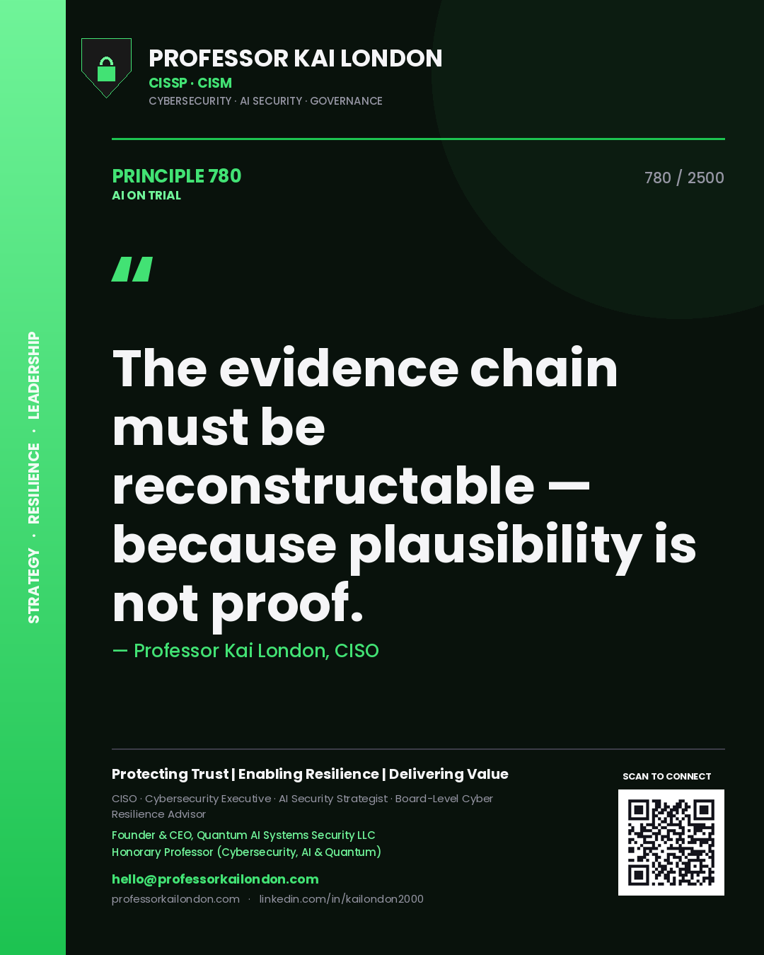 Professor Kai London principle 780: The evidence chain must be reconstructable — because plausibility is not proof.