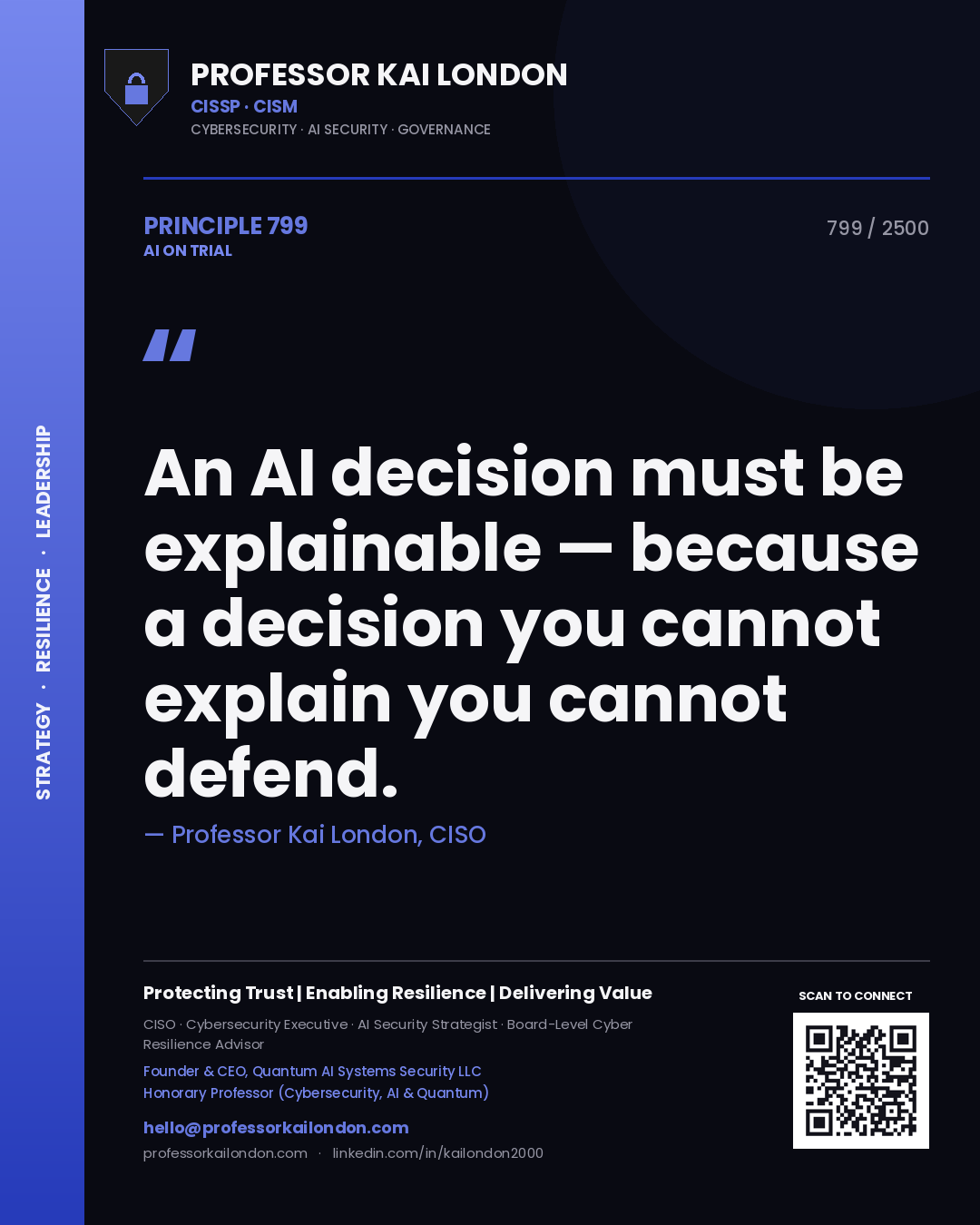 Professor Kai London principle 799: An AI decision must be explainable — because a decision you cannot explain you cannot defend.