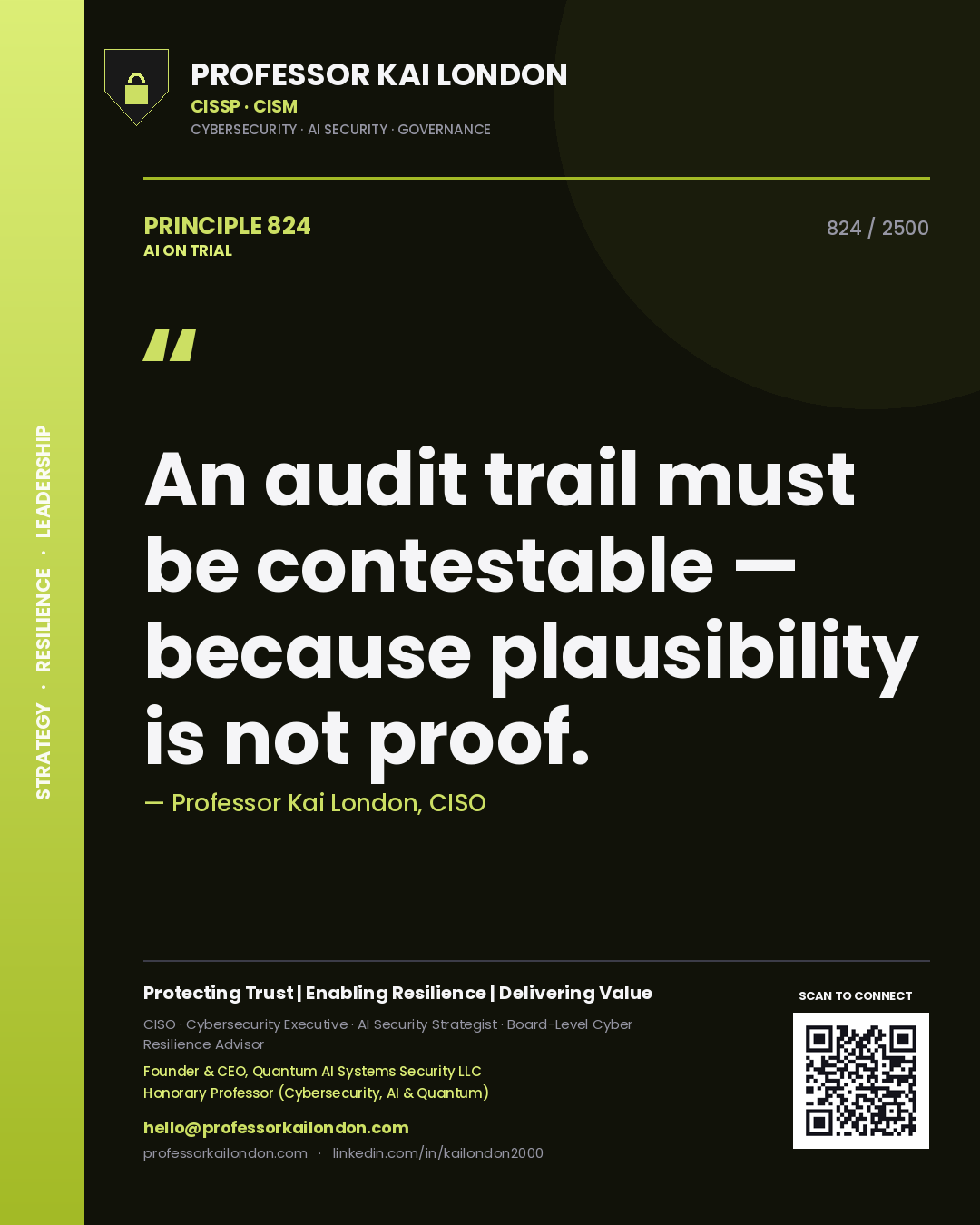Quote card by Professor Kai London reading 'An audit trail must be contestable — because plausibility is not proof.'. From the book AI on Trial.
