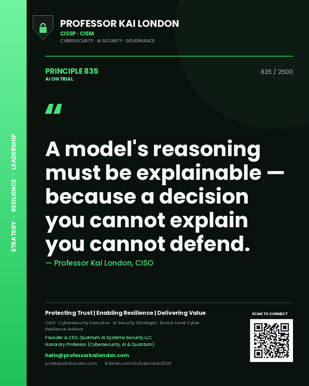 Quote card by Professor Kai London reading 'A model's reasoning must be explainable — because a decision you cannot explain you cannot defend.'. From the book AI on Trial.