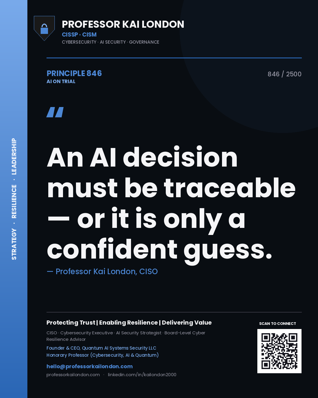 Quote card by Professor Kai London reading 'An AI decision must be traceable — or it is only a confident guess.'. From the book AI on Trial.