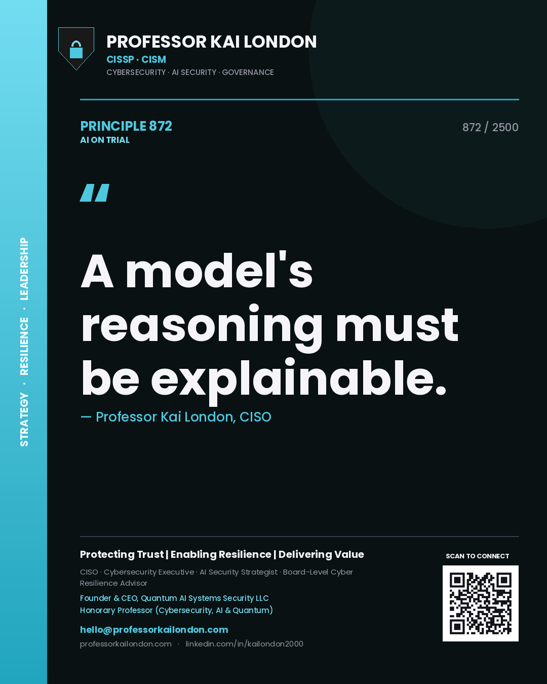Quote card by Professor Kai London reading 'A model's reasoning must be explainable.'. From the book AI on Trial.
