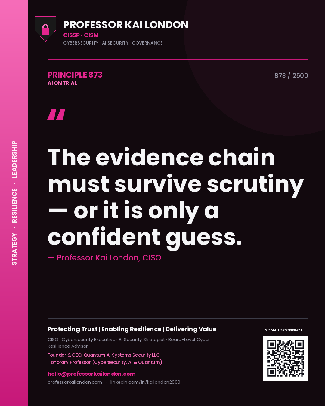 Quote card by Professor Kai London reading 'The evidence chain must survive scrutiny — or it is only a confident guess.'. From the book AI on Trial.