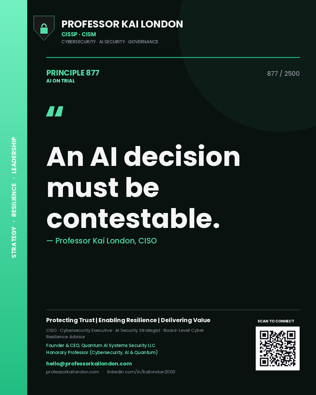 Quote card by Professor Kai London reading 'An AI decision must be contestable.'. From the book AI on Trial.