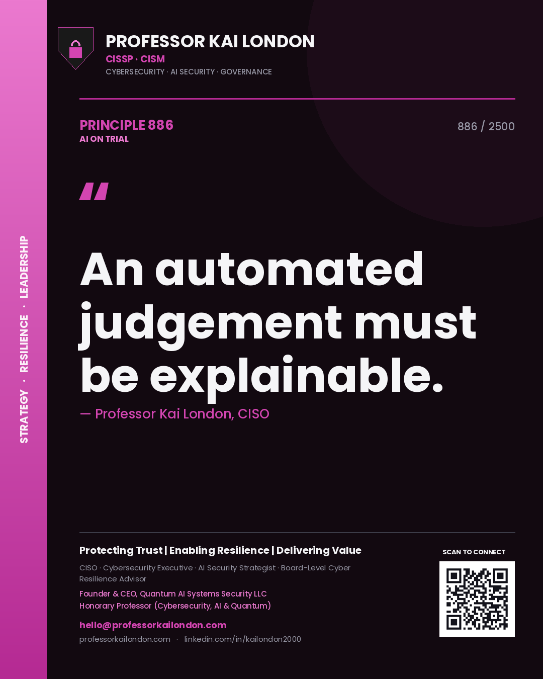 Quote card by Professor Kai London reading 'An automated judgement must be explainable.'. From the book AI on Trial.