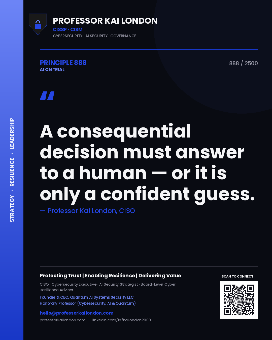 Quote card by Professor Kai London reading 'A consequential decision must answer to a human — or it is only a confident guess.'. From the book AI on Trial.