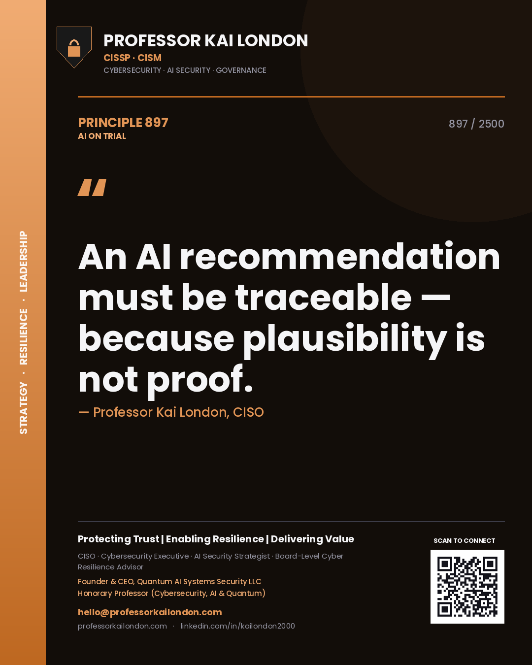 Quote card by Professor Kai London reading 'An AI recommendation must be traceable — because plausibility is not proof.'. From the book AI on Trial.