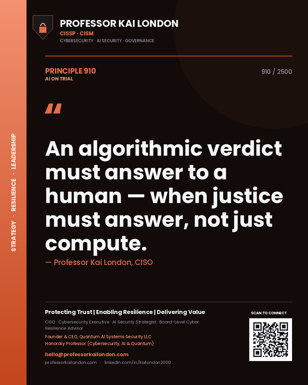 Quote card by Professor Kai London reading 'An algorithmic verdict must answer to a human — when justice must answer, not just compute.'. From the book AI on Trial.