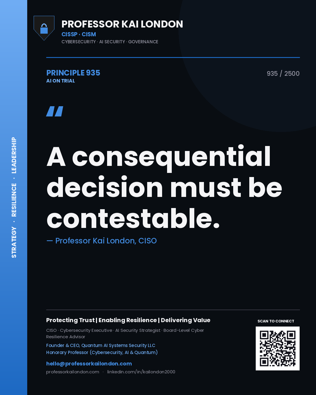 Quote card by Professor Kai London reading 'A consequential decision must be contestable.'. From the book AI on Trial.