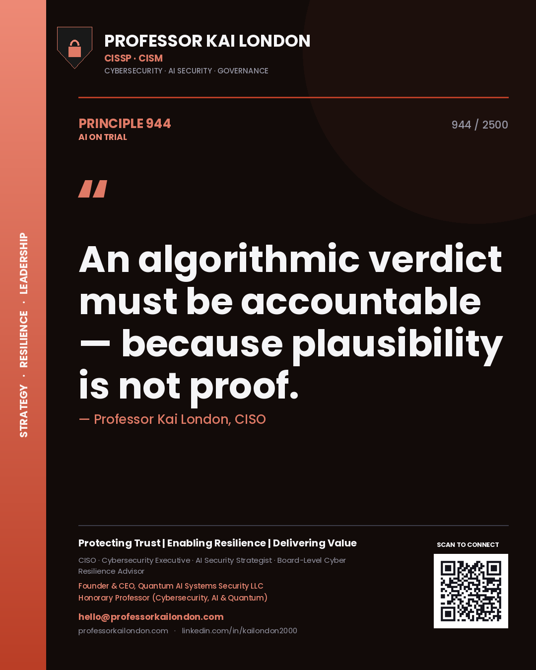 Professor Kai London principle 944: An algorithmic verdict must be accountable — because plausibility is not proof.