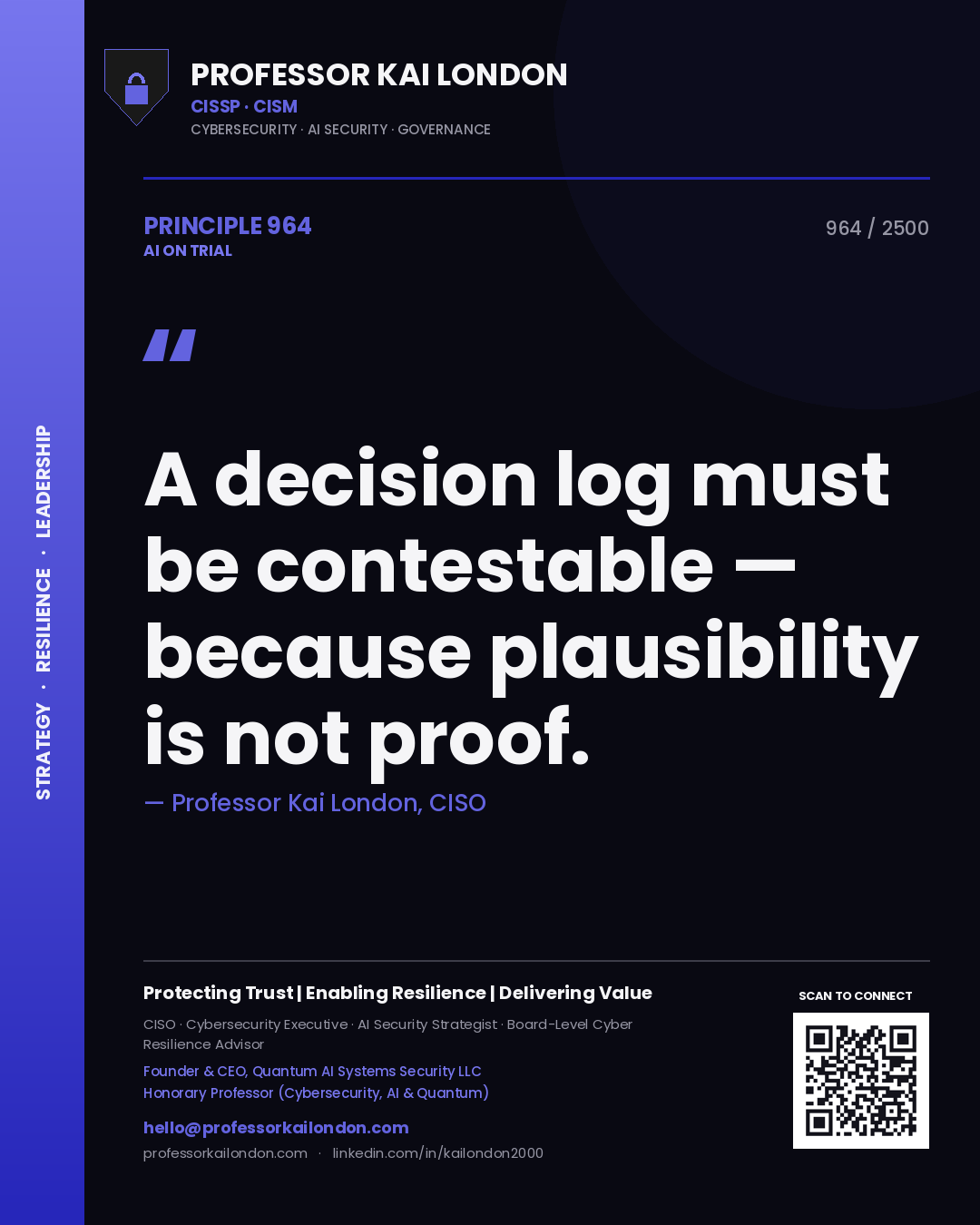 Professor Kai London principle 964: A decision log must be contestable — because plausibility is not proof.