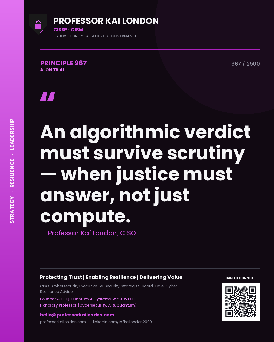 Professor Kai London principle 967: An algorithmic verdict must survive scrutiny — when justice must answer, not just compute.