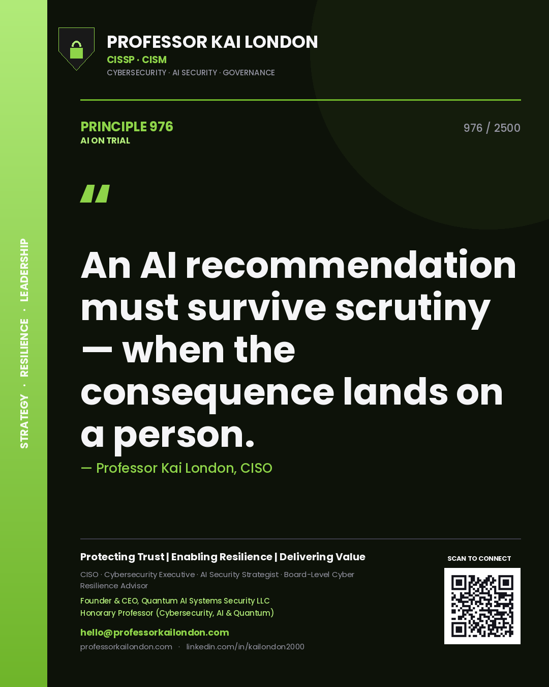 Professor Kai London principle 976: An AI recommendation must survive scrutiny — when the consequence lands on a person.