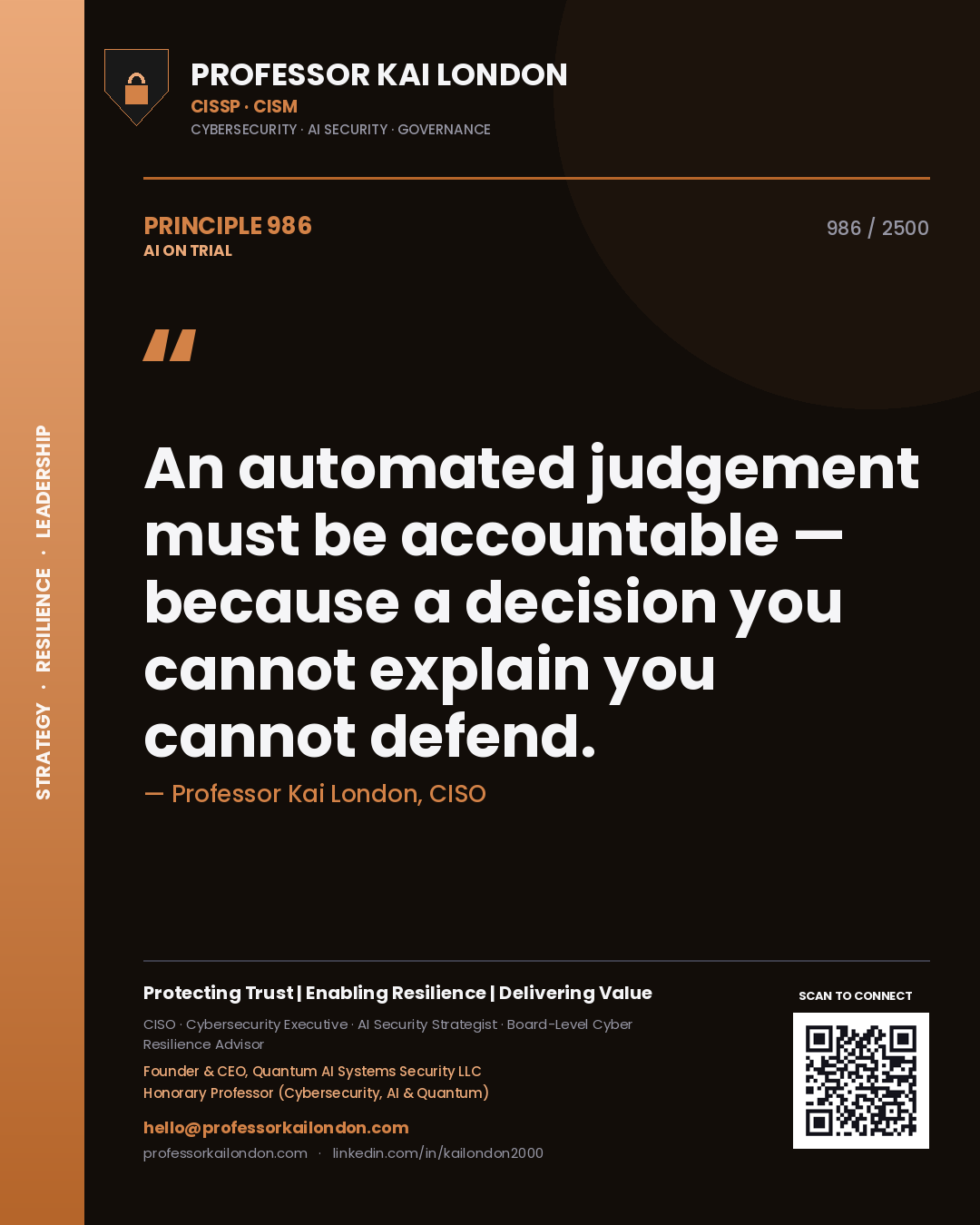 Professor Kai London principle 986: An automated judgement must be accountable — because a decision you cannot explain you cannot defend.