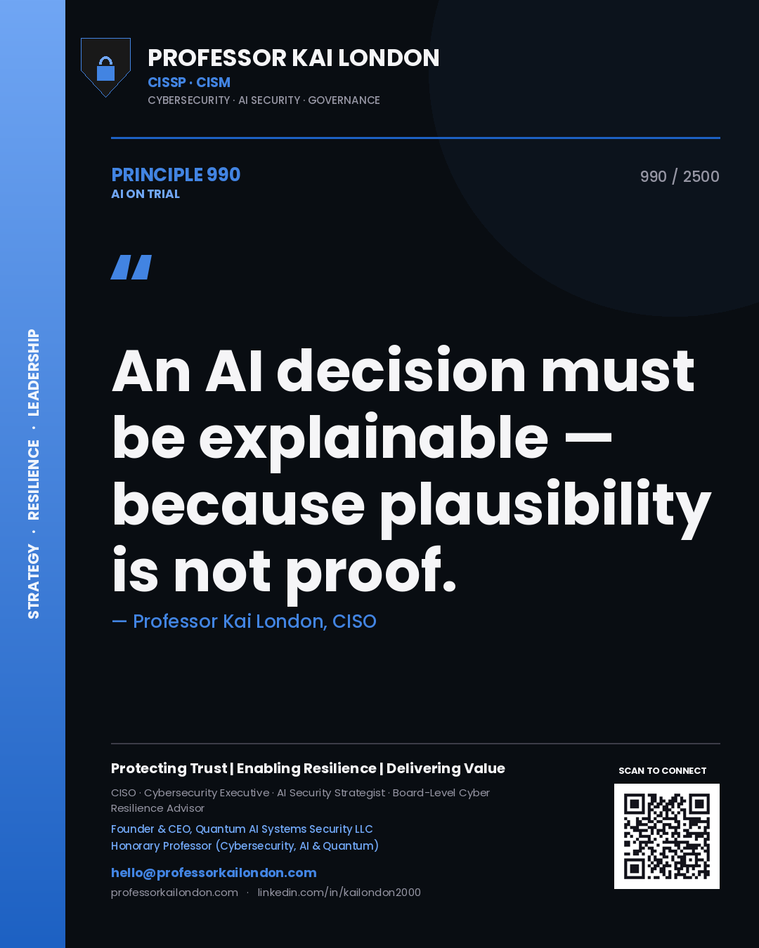 Professor Kai London principle 990: An AI decision must be explainable — because plausibility is not proof.