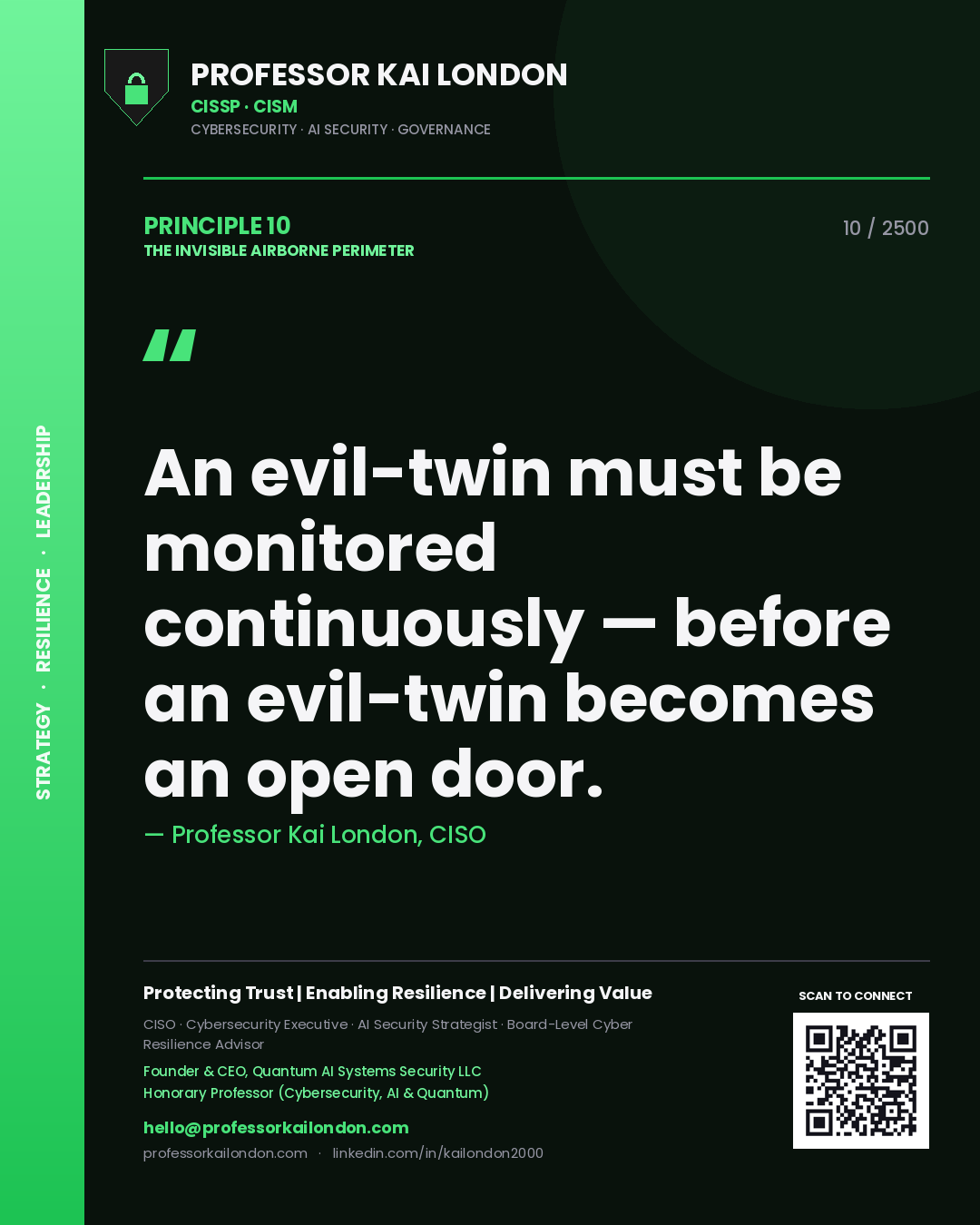 Professor Kai London principle 10: An evil-twin must be monitored continuously — before an evil-twin becomes an open door.