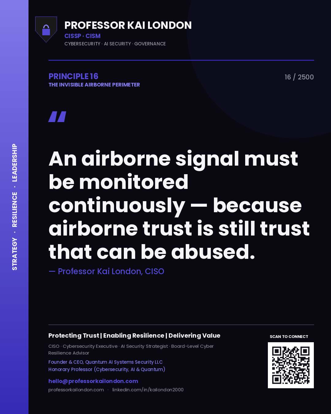 Quote card by Professor Kai London reading 'An airborne signal must be monitored continuously — because airborne trust is still trust that can be abused.'. From the book The Invisible Airborne Perimeter.