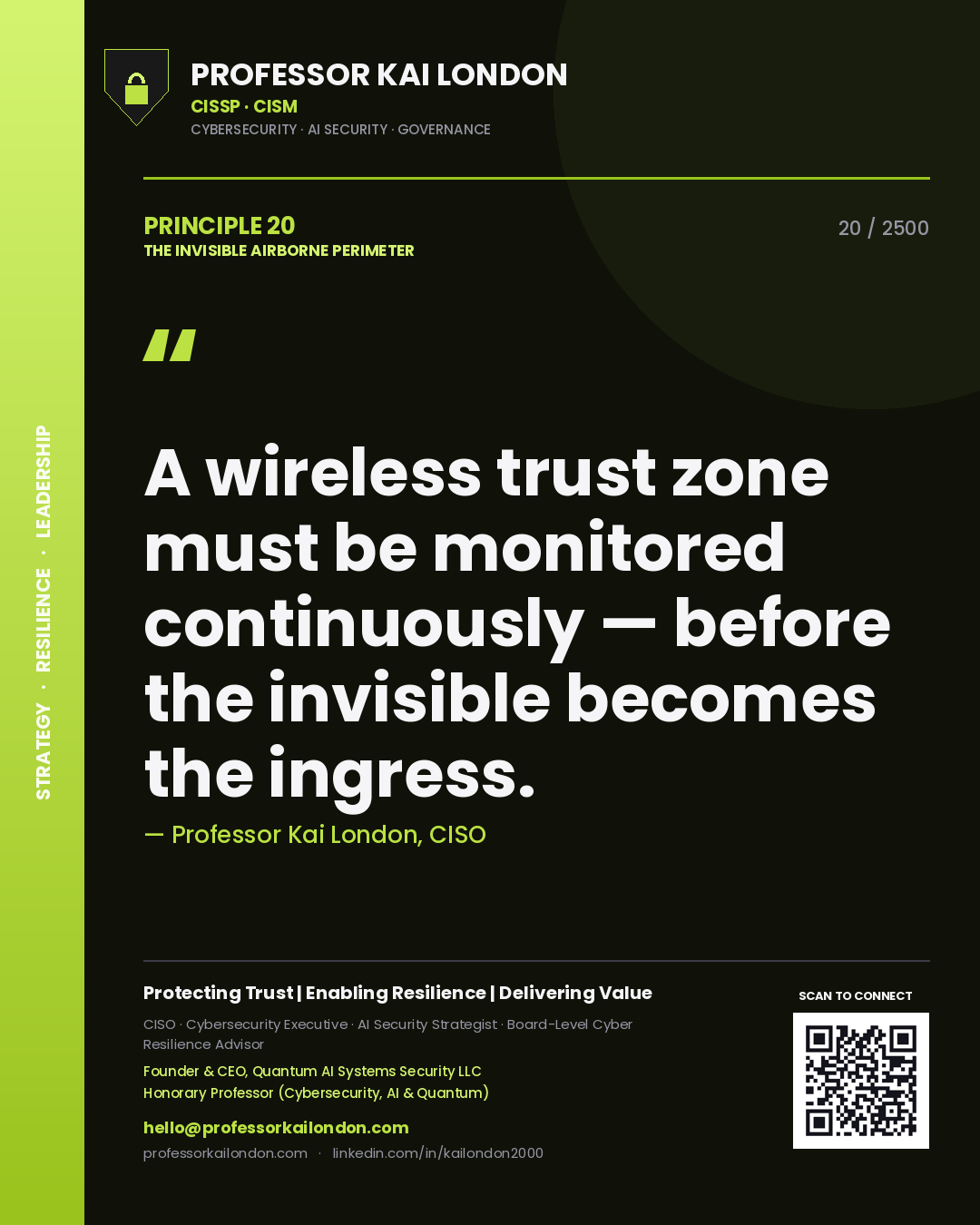 Professor Kai London principle 20: A wireless trust zone must be monitored continuously — before the invisible becomes the ingress.