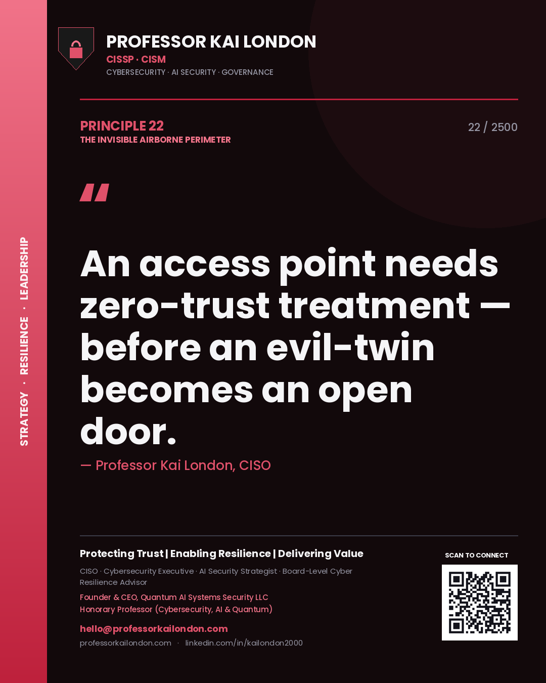 Professor Kai London principle 22: An access point needs zero-trust treatment — before an evil-twin becomes an open door.