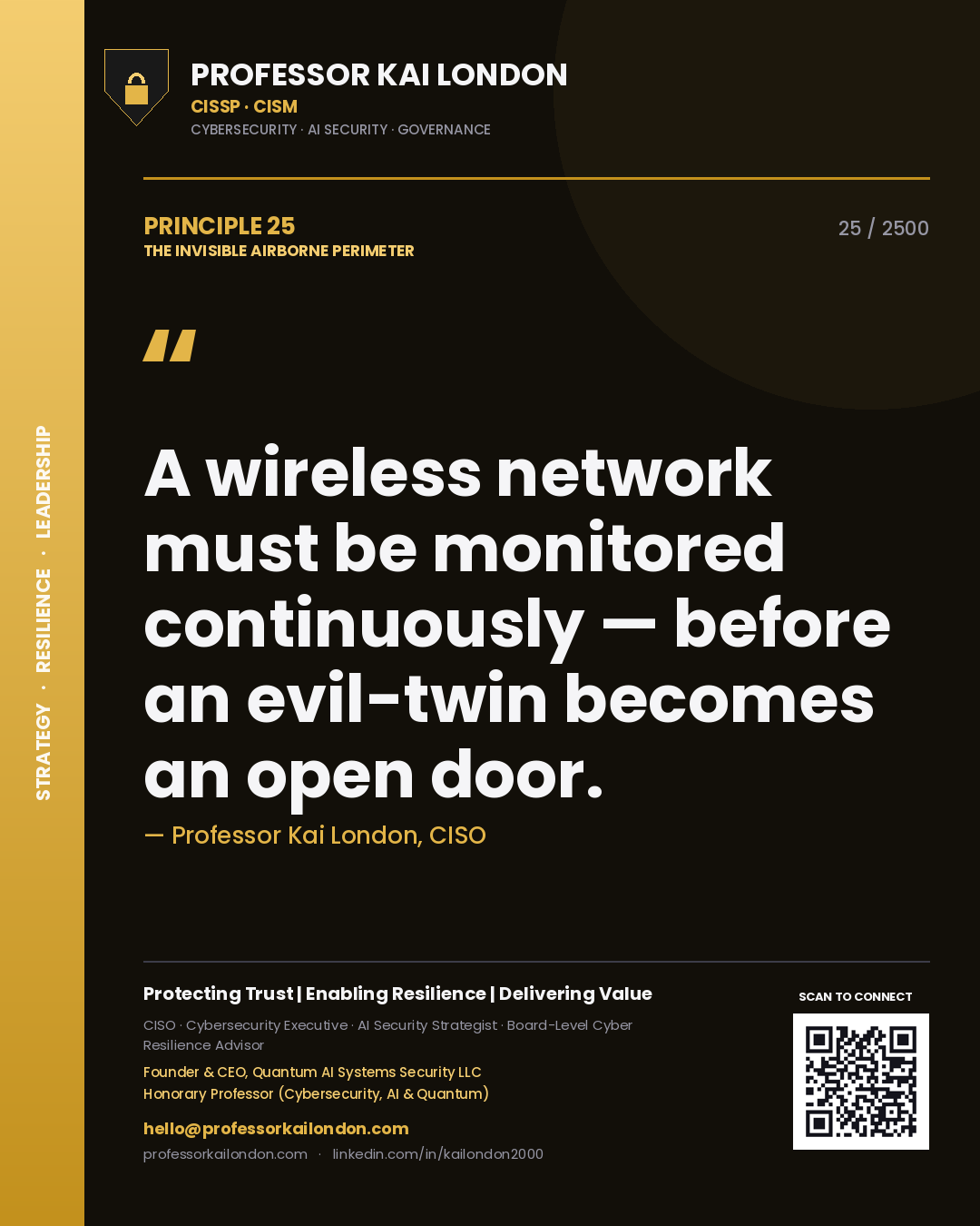 Professor Kai London principle 25: A wireless network must be monitored continuously — before an evil-twin becomes an open door.