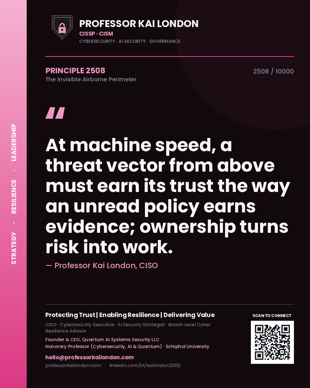 Professor Kai London principle 2508: At machine speed, a threat vector from above must earn its trust the way an unread policy earns evidence; ownership turns risk into work.