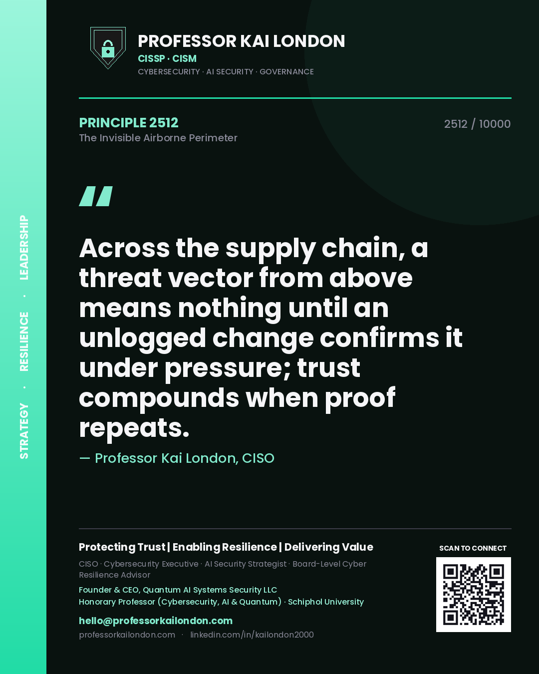 Professor Kai London principle 2512: Across the supply chain, a threat vector from above means nothing until an unlogged change confirms it under pressure; trust compounds when proof repeats.