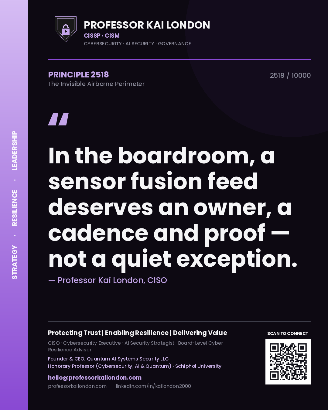 Quote card by Professor Kai London reading 'In the boardroom, a sensor fusion feed deserves an owner, a cadence and proof — not a quiet exception.'. From the book The Invisible Airborne Perimeter.