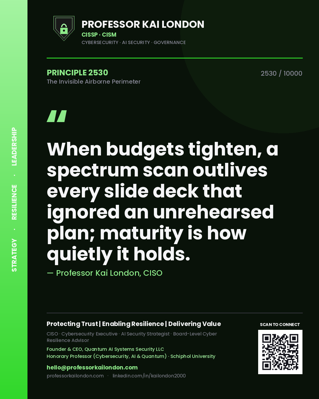 Professor Kai London principle 2530: When budgets tighten, a spectrum scan outlives every slide deck that ignored an unrehearsed plan; maturity is how quietly it holds.